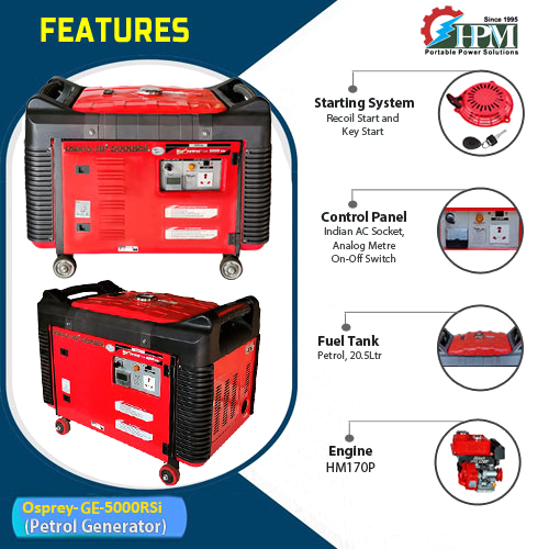 5 KVA ultra light weight portable Generator,  Petrol Run, Recoil & Self Start, Model Osprey GE-5000RSi
